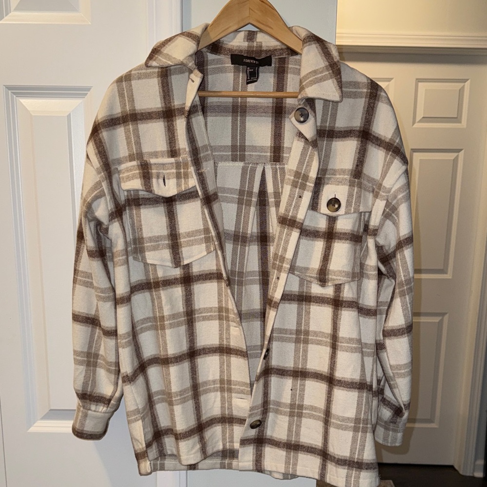 Forever 21 Plaid Button-Up Hoodie - Cream and Brown